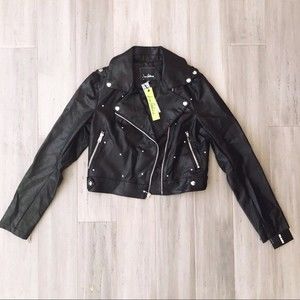 Faux Leather Studded Moto Jacket, Black, XS NWT